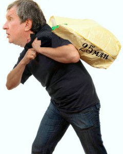 Robber in a mask carries big bag with money